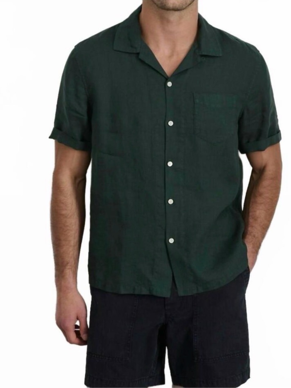 Alex Mill Men's Short-Sleeve Linen Camp Collar Shirt in Dark Green
